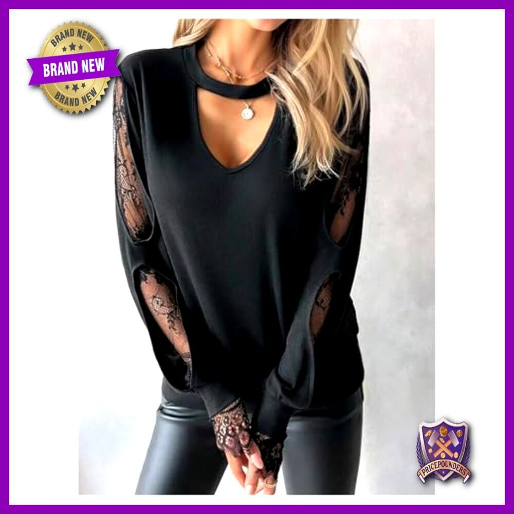 Plus Size Floral Lace Cut Out Long Sleeve T-Shirt Blouse - Picture 3 of 5